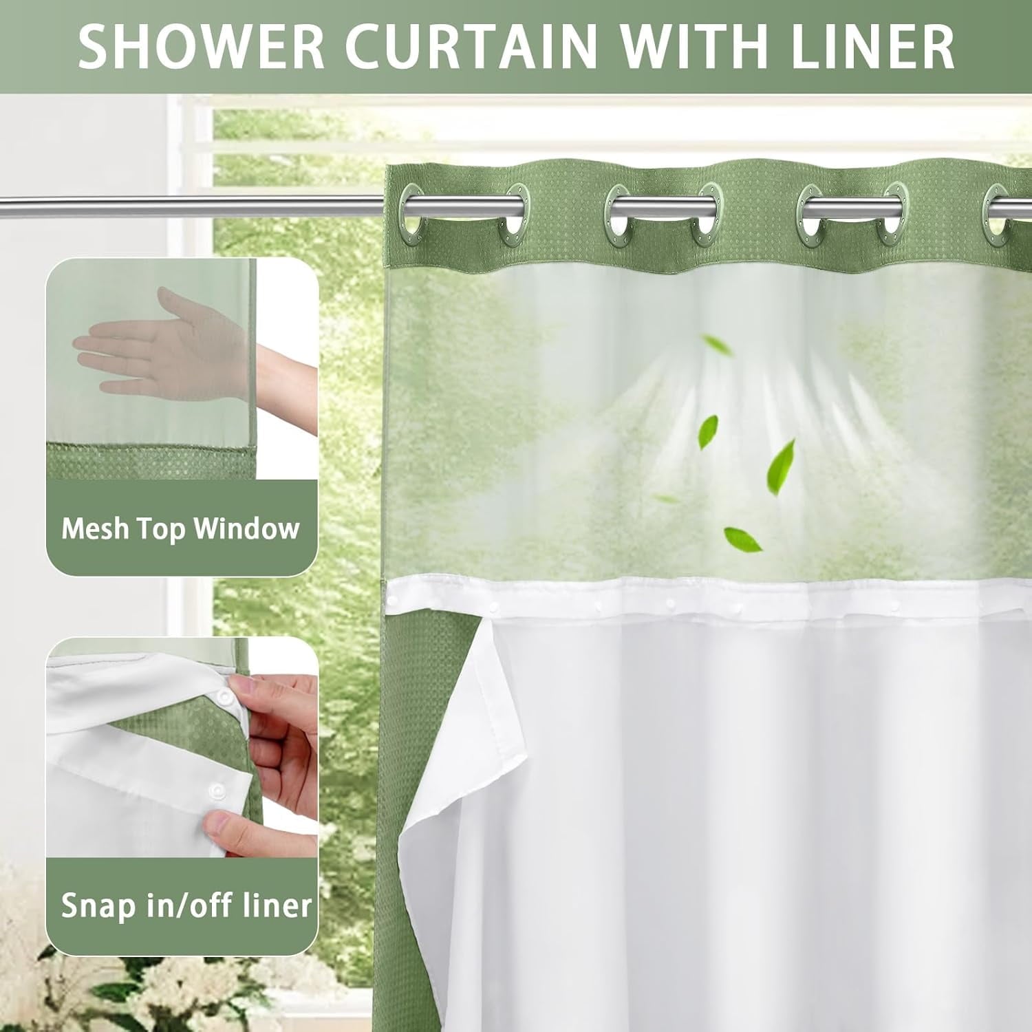 AllWays Plaza Waterproof Fabric Snap in Shower Curtain Liner Replacement with 2 Magnets71 W x 55" L for 72" W x 75" L No Hook Shower Curtain - Removable &amp; Detachable to Wash - White