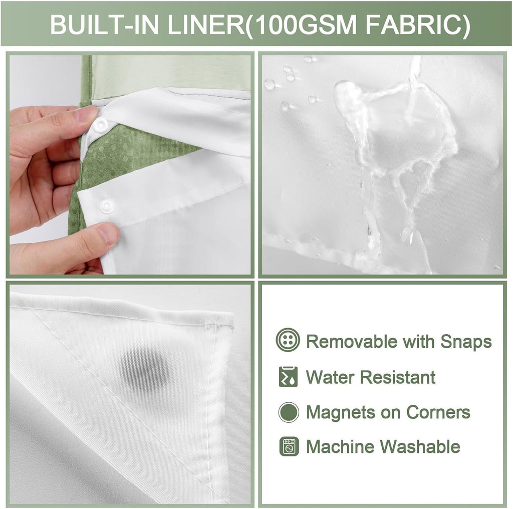 AllWays Plaza Waterproof Fabric Snap in Shower Curtain Liner Replacement with 2 Magnets71 W x 55" L for 72" W x 75" L No Hook Shower Curtain - Removable &amp; Detachable to Wash - White