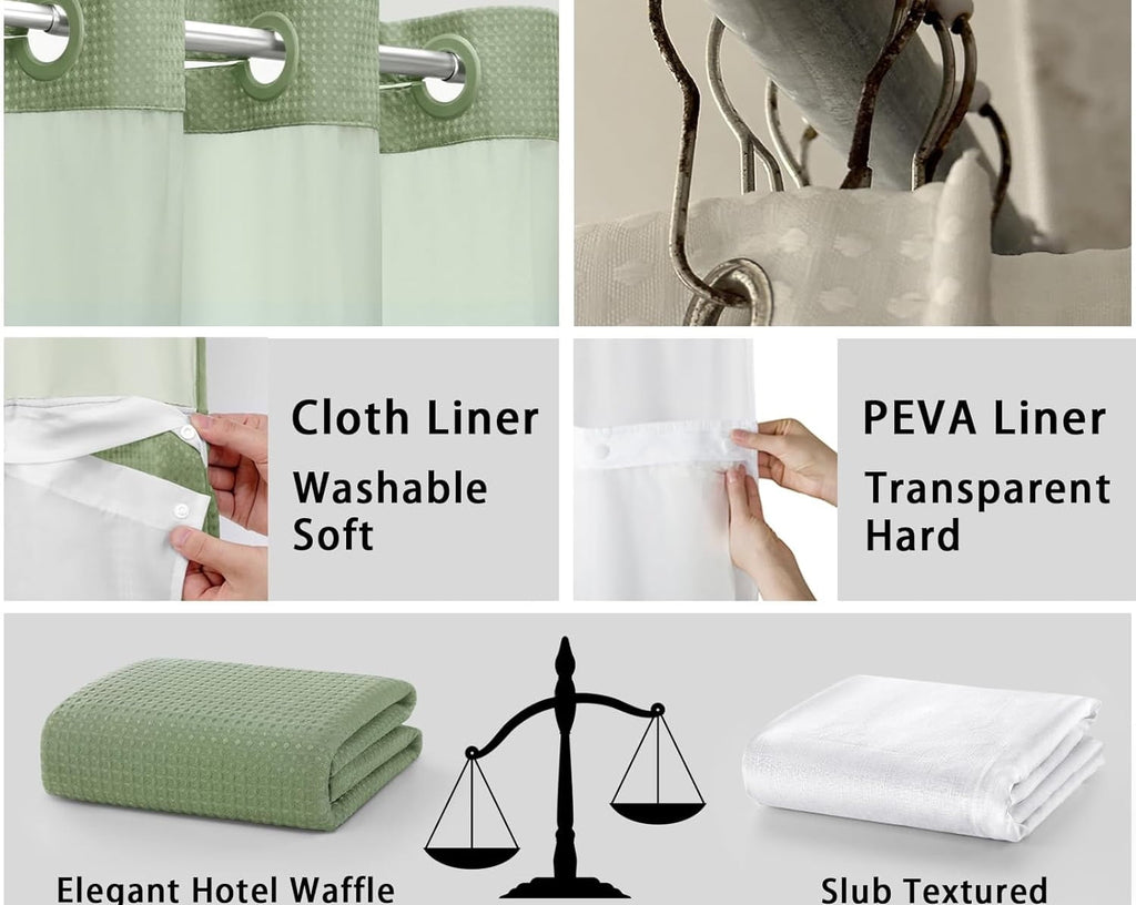 AllWays Plaza Waterproof Fabric Snap in Shower Curtain Liner Replacement with 2 Magnets71 W x 55" L for 72" W x 75" L No Hook Shower Curtain - Removable &amp; Detachable to Wash - White
