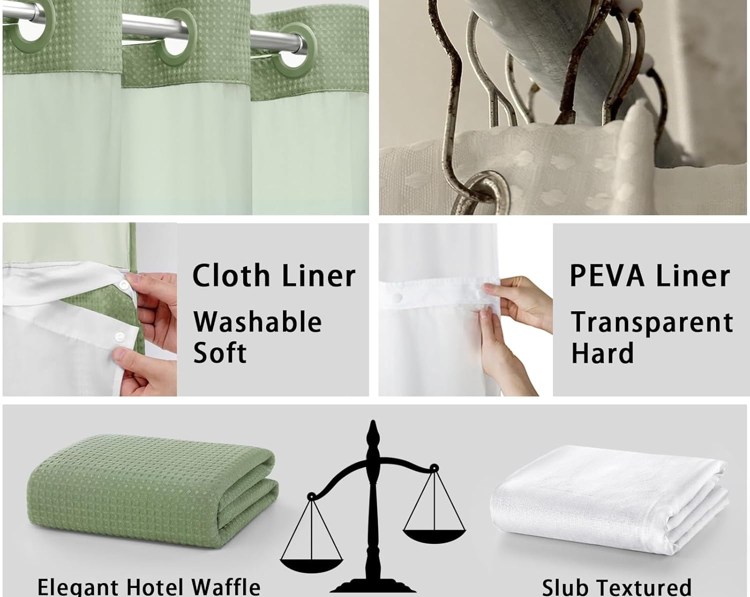AllWays Plaza Waterproof Fabric Snap in Shower Curtain Liner Replacement with 2 Magnets71 W x 55" L for 72" W x 75" L No Hook Shower Curtain - Removable &amp; Detachable to Wash - White