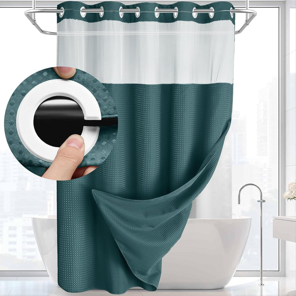 AllWays Plaza Waterproof Fabric Snap in Shower Curtain Liner Replacement with 2 Magnets71 W x 55" L for 72" W x 75" L No Hook Shower Curtain - Removable &amp; Detachable to Wash - White