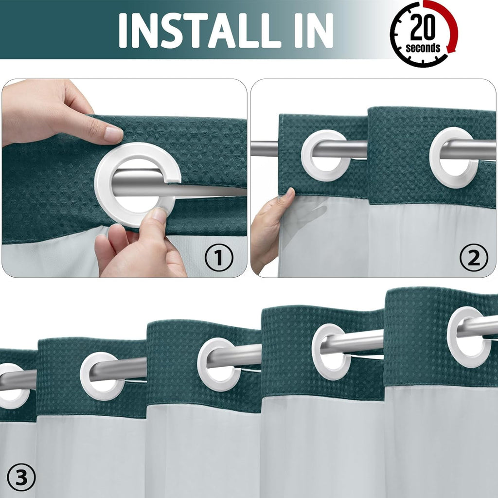 AllWays Plaza Waterproof Fabric Snap in Shower Curtain Liner Replacement with 2 Magnets71 W x 55" L for 72" W x 75" L No Hook Shower Curtain - Removable &amp; Detachable to Wash - White