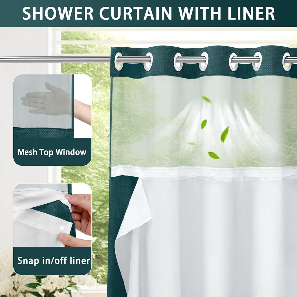 AllWays Plaza Waterproof Fabric Snap in Shower Curtain Liner Replacement with 2 Magnets71 W x 55" L for 72" W x 75" L No Hook Shower Curtain - Removable &amp; Detachable to Wash - White