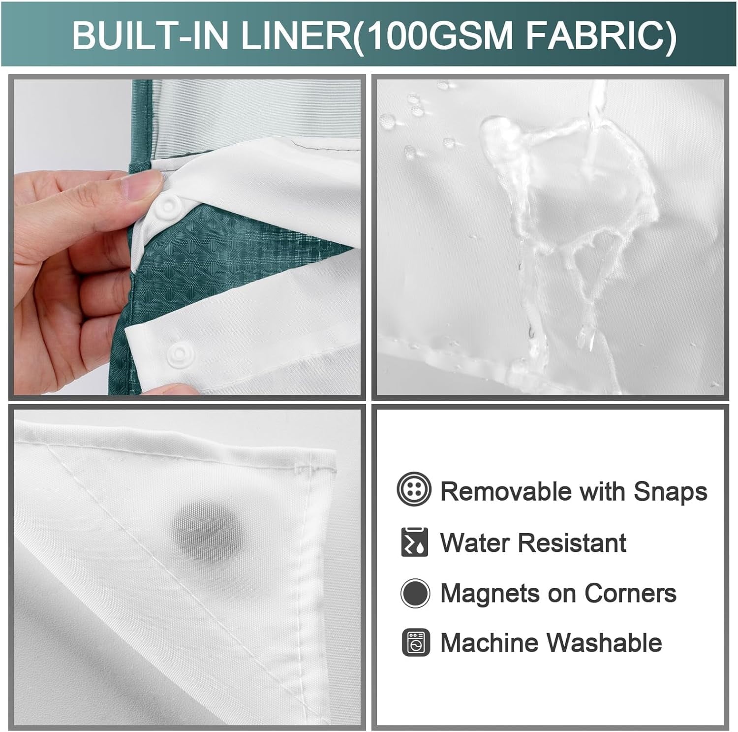 AllWays Plaza Waterproof Fabric Snap in Shower Curtain Liner Replacement with 2 Magnets71 W x 55" L for 72" W x 75" L No Hook Shower Curtain - Removable &amp; Detachable to Wash - White