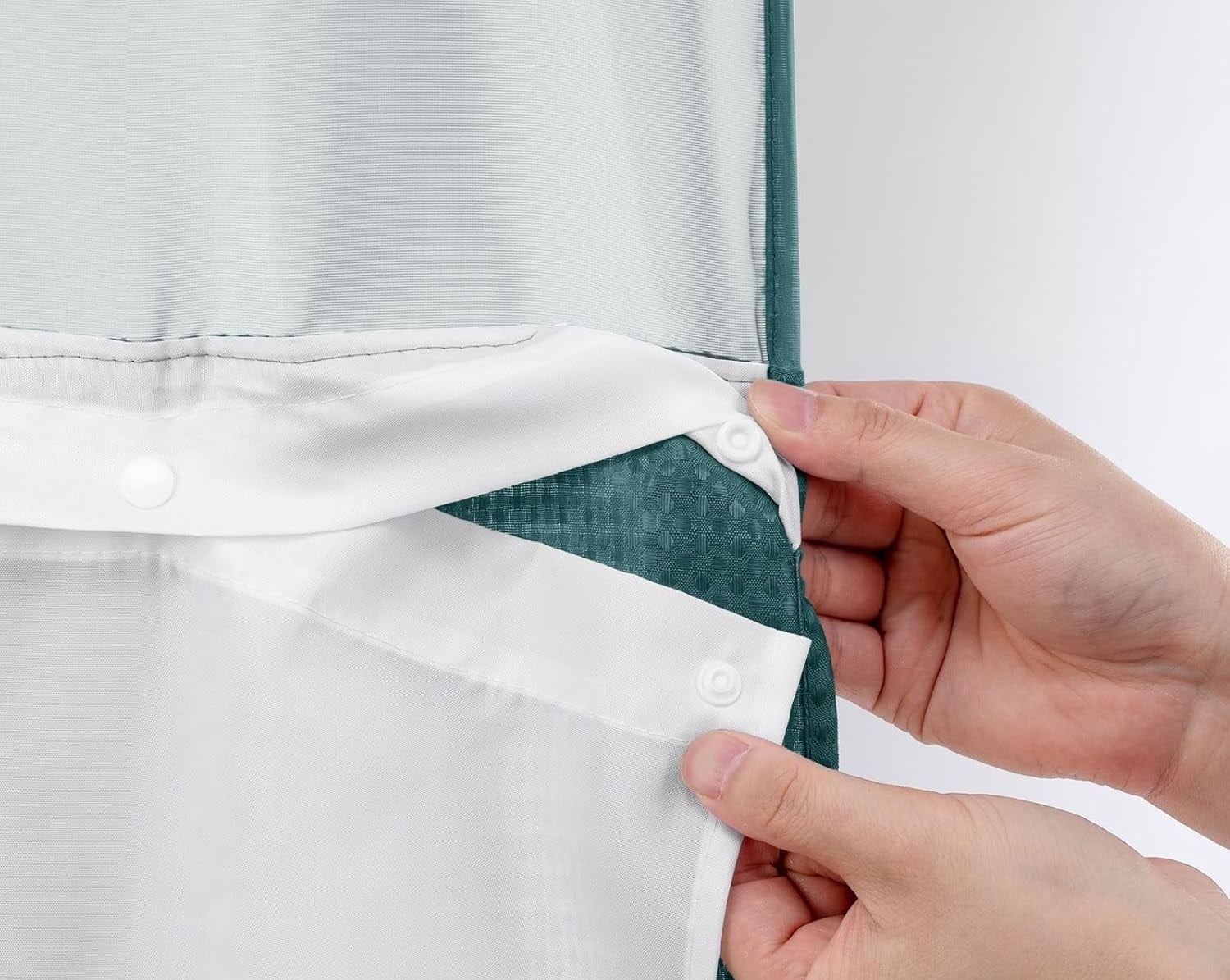 AllWays Plaza Waterproof Fabric Snap in Shower Curtain Liner Replacement with 2 Magnets71 W x 55" L for 72" W x 75" L No Hook Shower Curtain - Removable &amp; Detachable to Wash - White