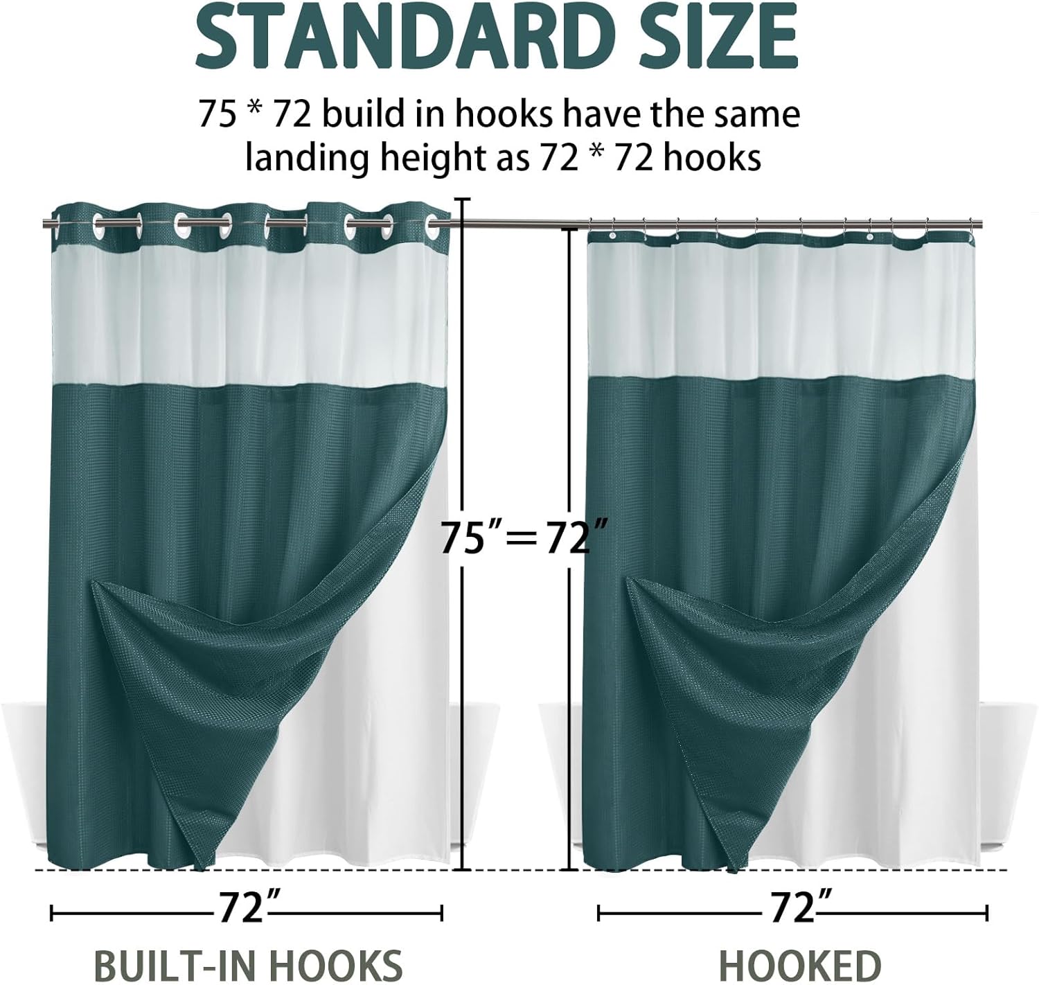 AllWays Plaza Waterproof Fabric Snap in Shower Curtain Liner Replacement with 2 Magnets71 W x 55" L for 72" W x 75" L No Hook Shower Curtain - Removable &amp; Detachable to Wash - White