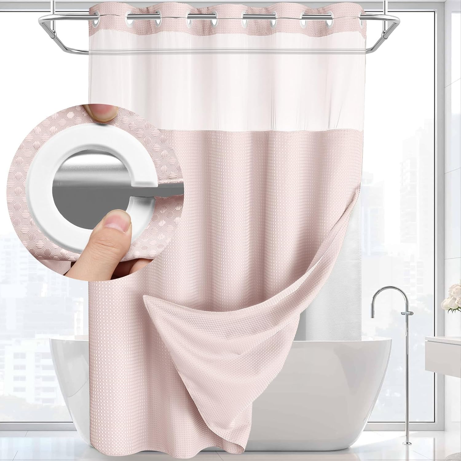 AllWays Plaza Waterproof Fabric Snap in Shower Curtain Liner Replacement with 2 Magnets71 W x 55" L for 72" W x 75" L No Hook Shower Curtain - Removable &amp; Detachable to Wash - White