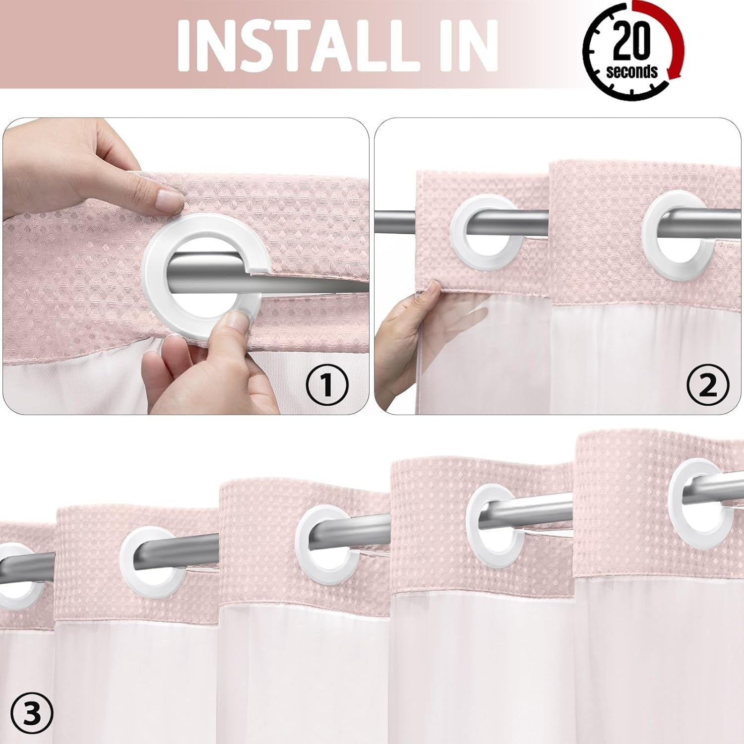 AllWays Plaza Waterproof Fabric Snap in Shower Curtain Liner Replacement with 2 Magnets71 W x 55" L for 72" W x 75" L No Hook Shower Curtain - Removable &amp; Detachable to Wash - White