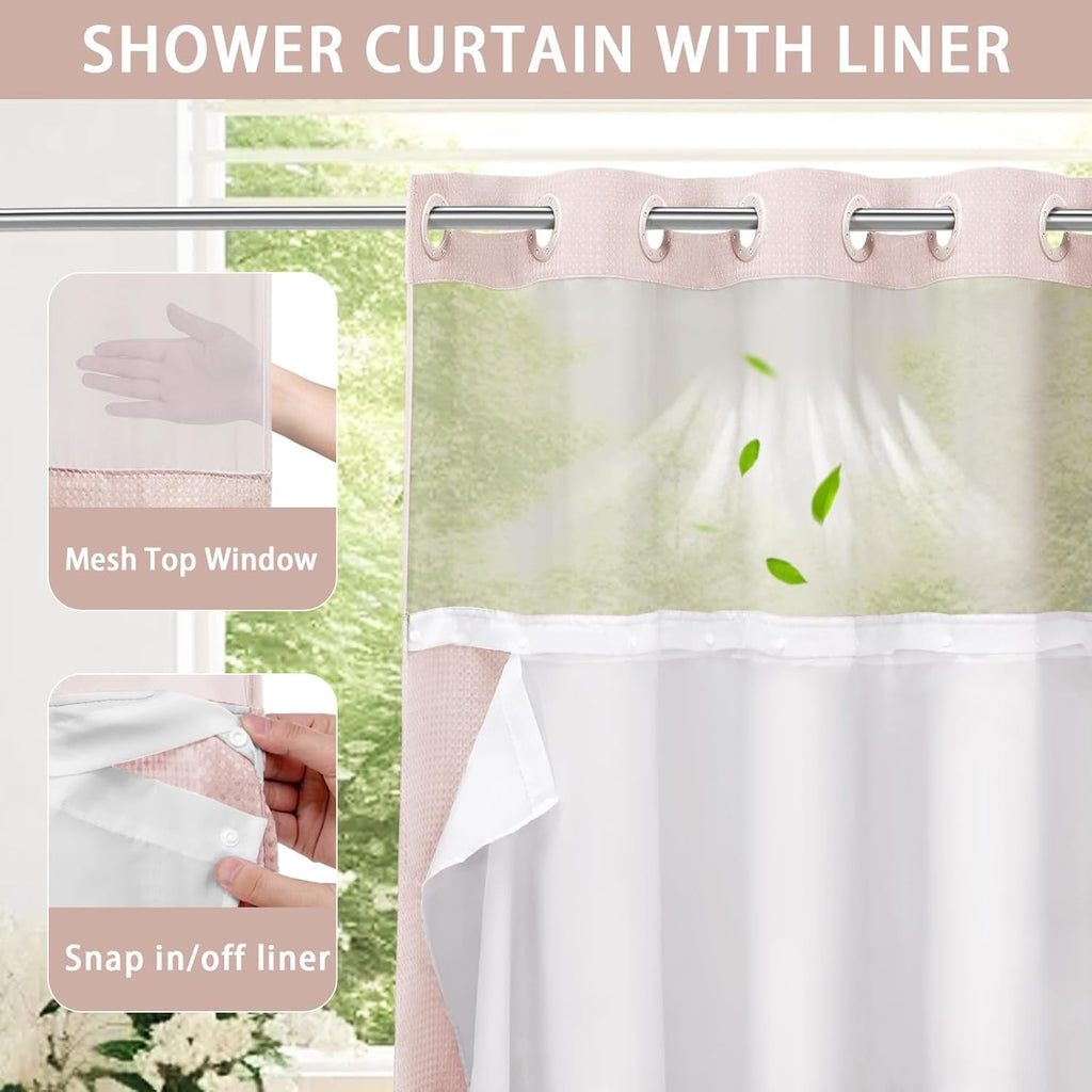 AllWays Plaza Waterproof Fabric Snap in Shower Curtain Liner Replacement with 2 Magnets71 W x 55" L for 72" W x 75" L No Hook Shower Curtain - Removable &amp; Detachable to Wash - White