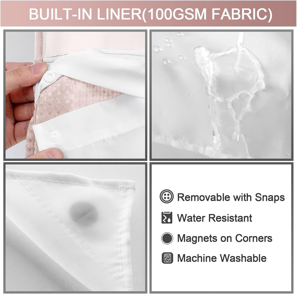 AllWays Plaza Waterproof Fabric Snap in Shower Curtain Liner Replacement with 2 Magnets71 W x 55" L for 72" W x 75" L No Hook Shower Curtain - Removable &amp; Detachable to Wash - White
