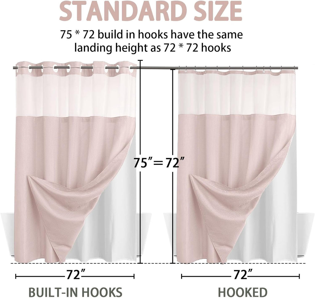 AllWays Plaza Waterproof Fabric Snap in Shower Curtain Liner Replacement with 2 Magnets71 W x 55" L for 72" W x 75" L No Hook Shower Curtain - Removable &amp; Detachable to Wash - White