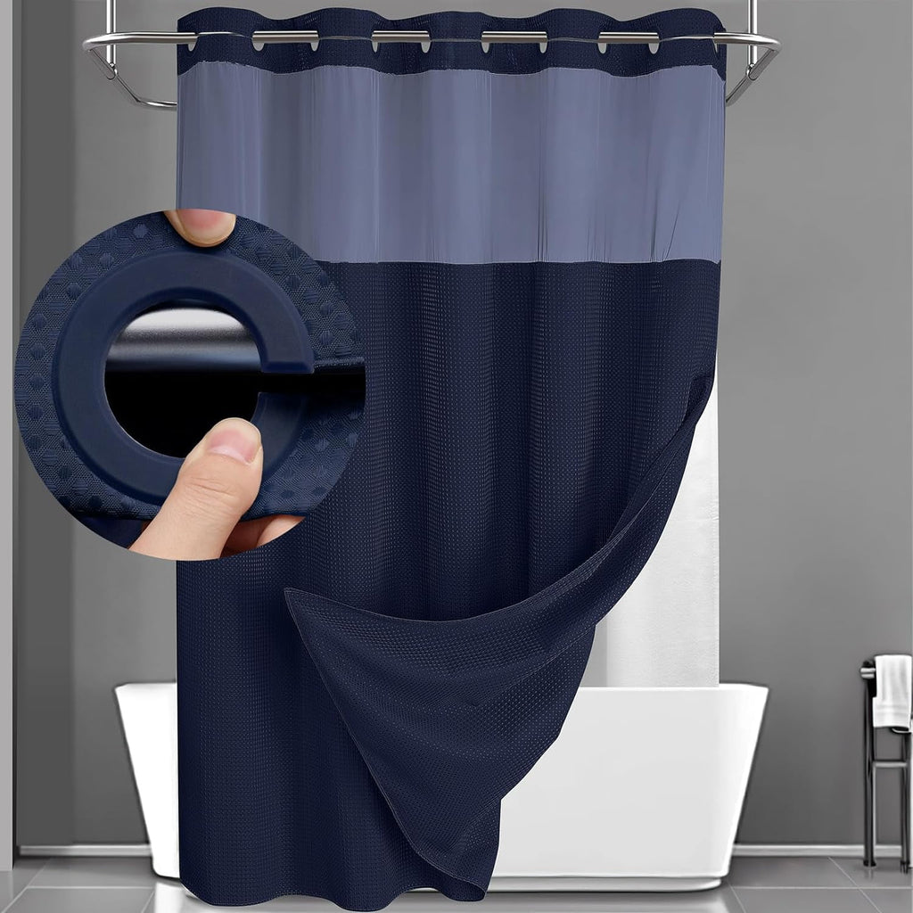 AllWays Plaza Waterproof Fabric Snap in Shower Curtain Liner Replacement with 2 Magnets71 W x 55" L for 72" W x 75" L No Hook Shower Curtain - Removable &amp; Detachable to Wash - White