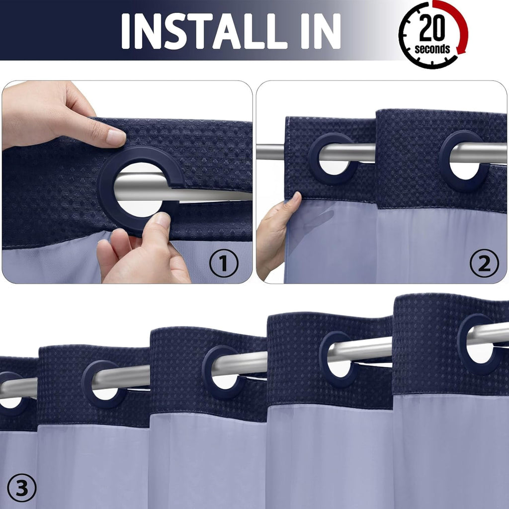 AllWays Plaza Waterproof Fabric Snap in Shower Curtain Liner Replacement with 2 Magnets71 W x 55" L for 72" W x 75" L No Hook Shower Curtain - Removable &amp; Detachable to Wash - White