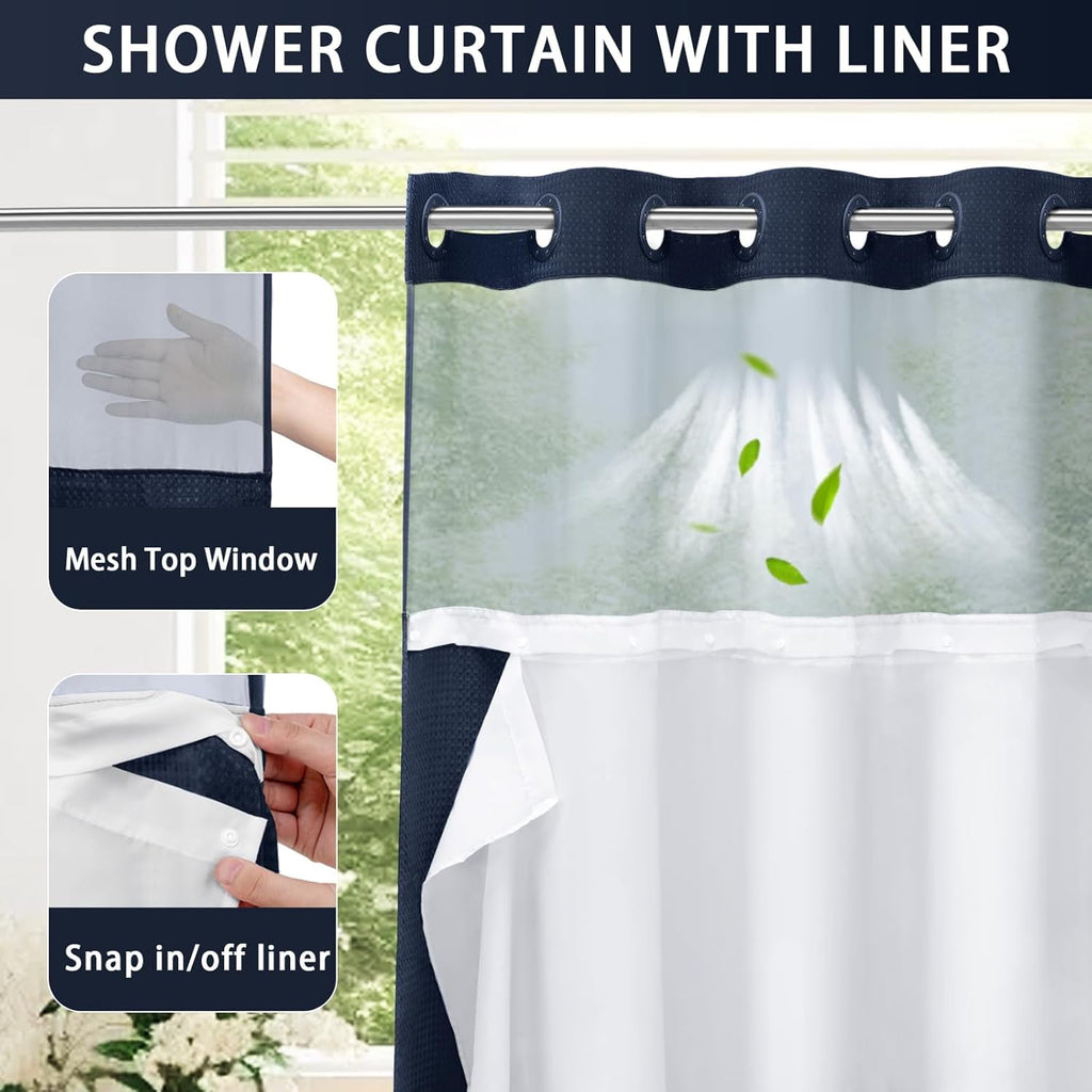 AllWays Plaza Waterproof Fabric Snap in Shower Curtain Liner Replacement with 2 Magnets71 W x 55" L for 72" W x 75" L No Hook Shower Curtain - Removable &amp; Detachable to Wash - White