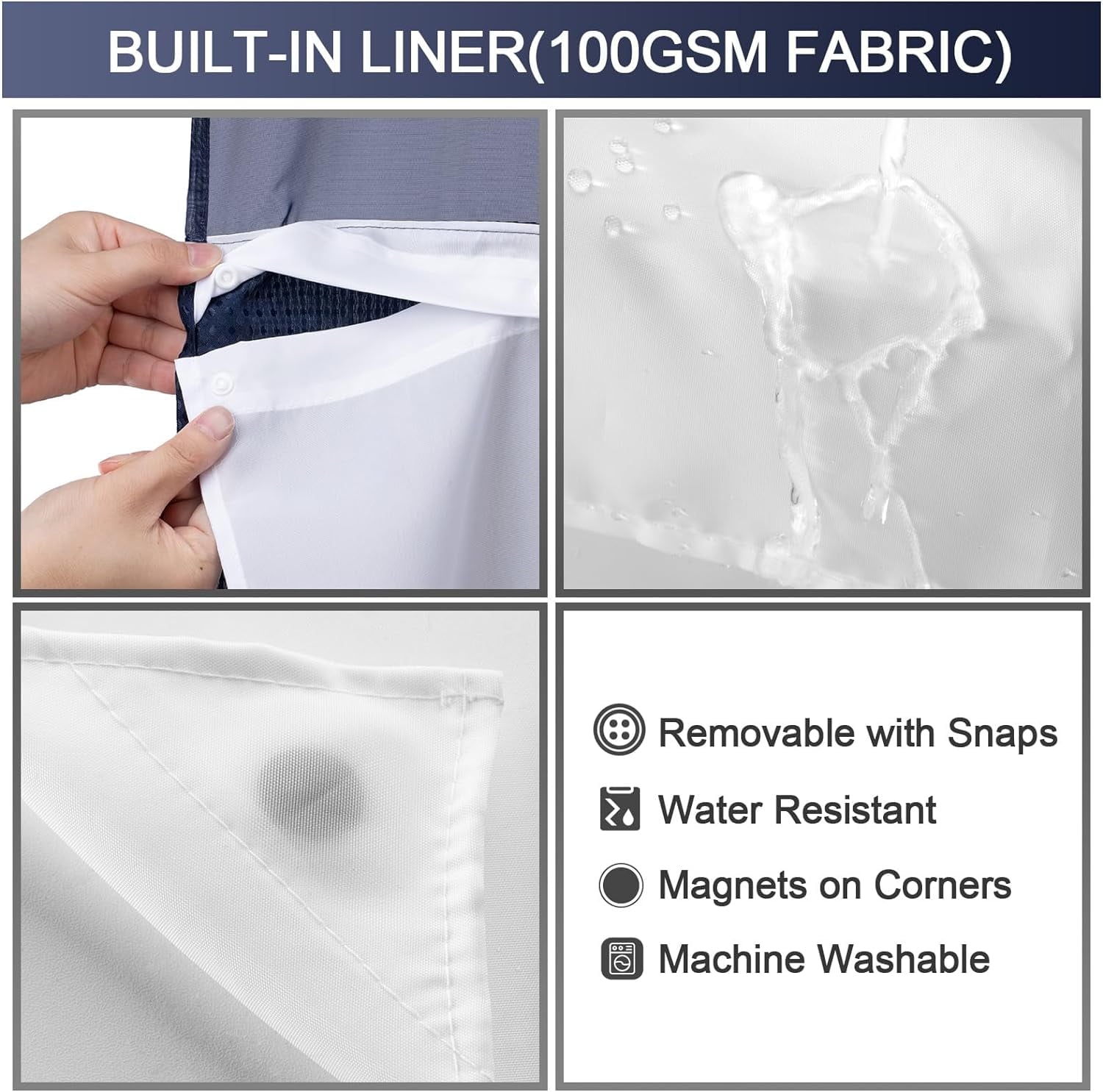 AllWays Plaza Waterproof Fabric Snap in Shower Curtain Liner Replacement with 2 Magnets71 W x 55" L for 72" W x 75" L No Hook Shower Curtain - Removable &amp; Detachable to Wash - White