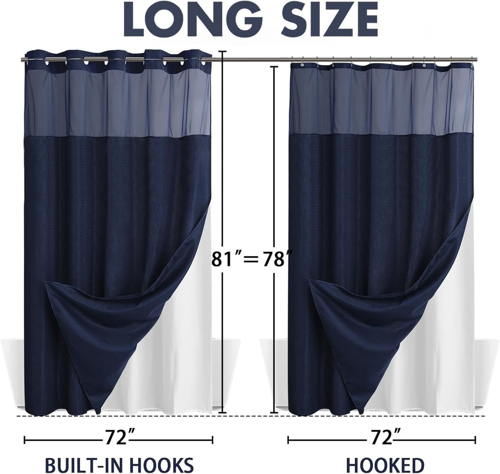 AllWays Plaza Waterproof Fabric Snap in Shower Curtain Liner Replacement with 2 Magnets71 W x 55" L for 72" W x 75" L No Hook Shower Curtain - Removable &amp; Detachable to Wash - White