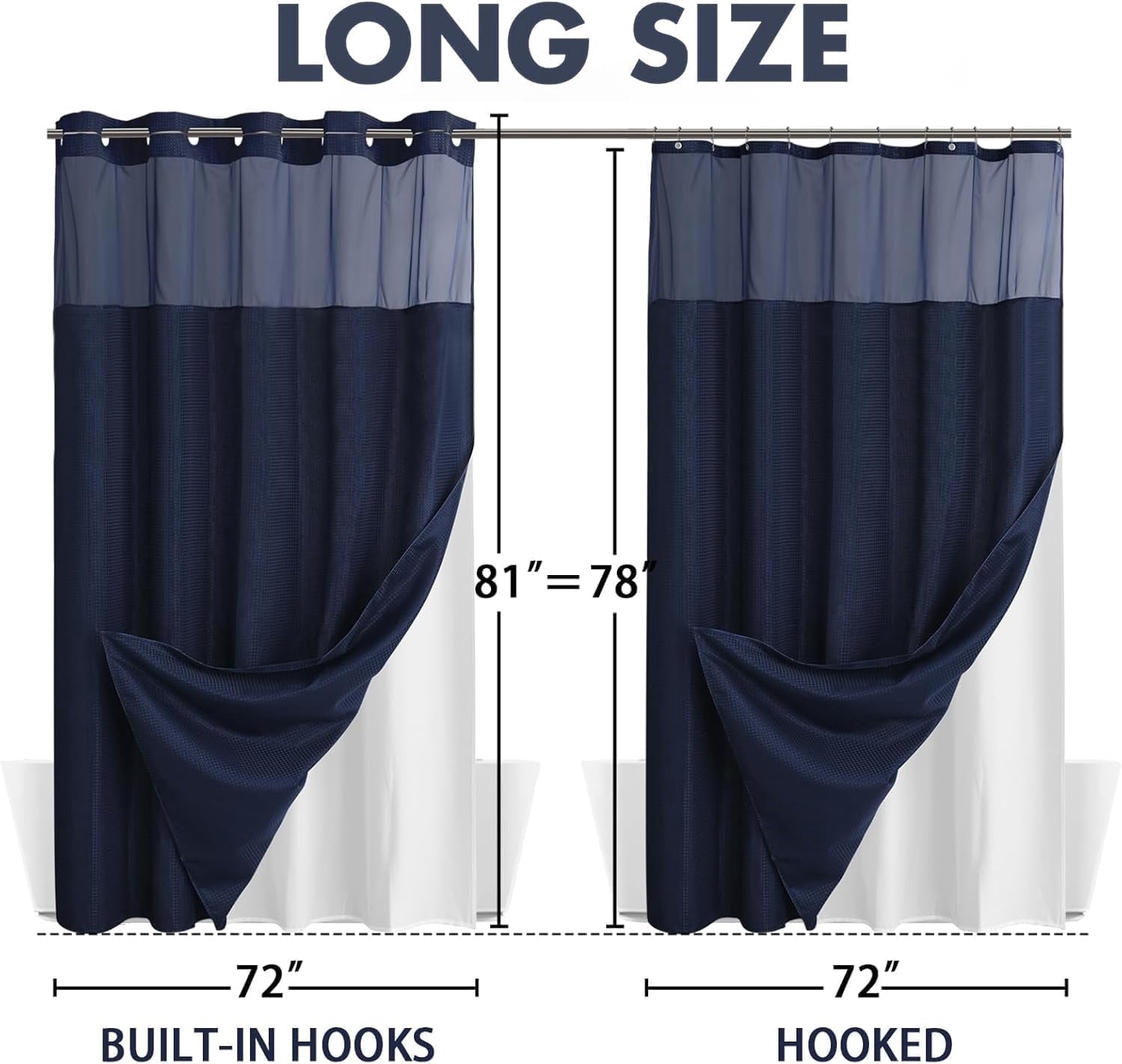 AllWays Plaza Waterproof Fabric Snap in Shower Curtain Liner Replacement with 2 Magnets71 W x 55" L for 72" W x 75" L No Hook Shower Curtain - Removable &amp; Detachable to Wash - White