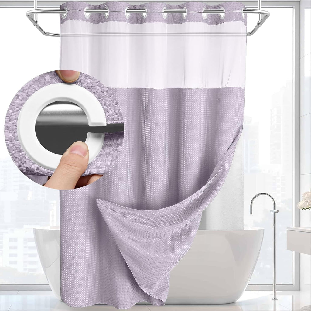 AllWays Plaza Waterproof Fabric Snap in Shower Curtain Liner Replacement with 2 Magnets71 W x 55" L for 72" W x 75" L No Hook Shower Curtain - Removable &amp; Detachable to Wash - White