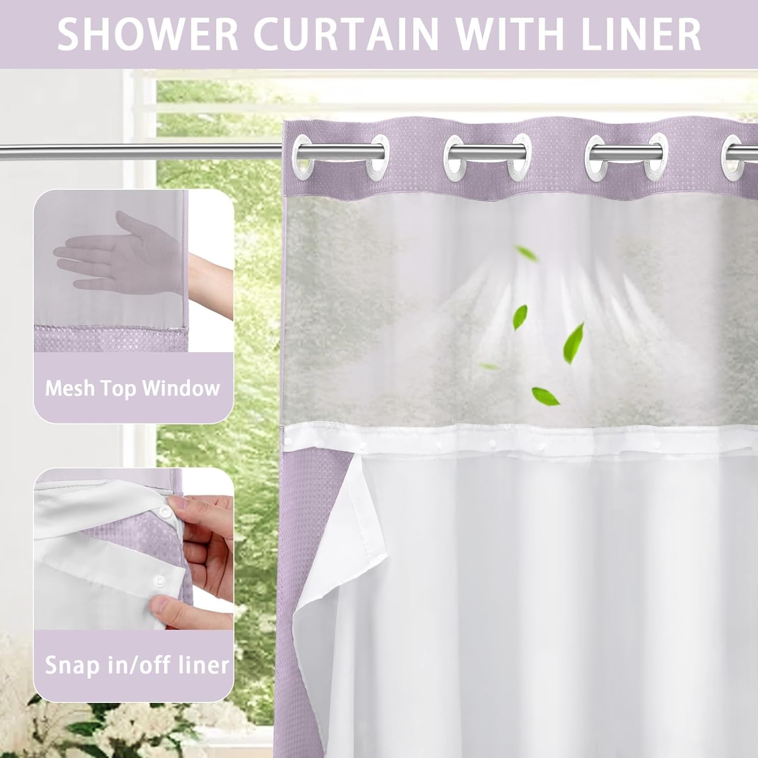 AllWays Plaza Waterproof Fabric Snap in Shower Curtain Liner Replacement with 2 Magnets71 W x 55" L for 72" W x 75" L No Hook Shower Curtain - Removable &amp; Detachable to Wash - White