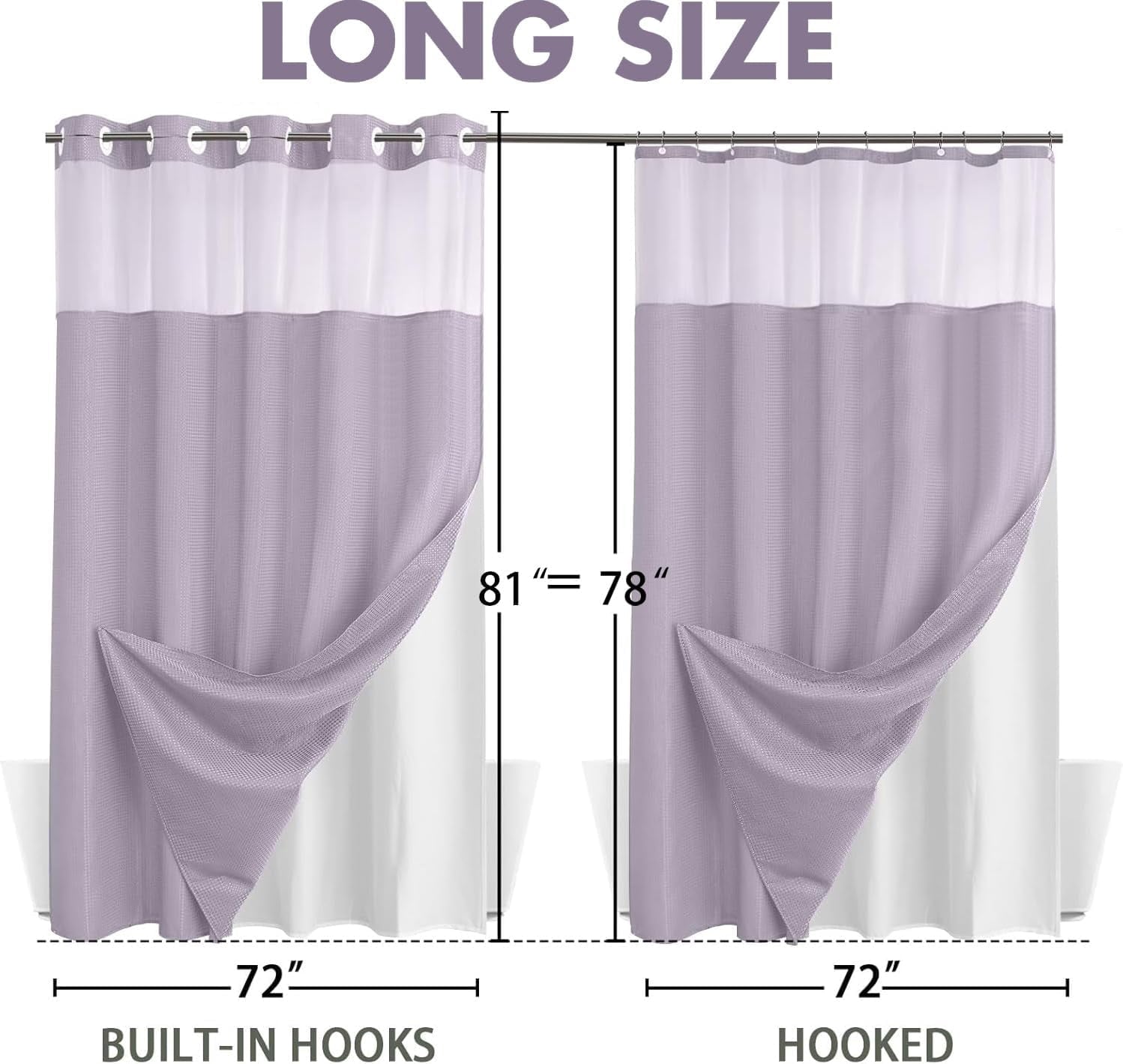 AllWays Plaza Waterproof Fabric Snap in Shower Curtain Liner Replacement with 2 Magnets71 W x 55" L for 72" W x 75" L No Hook Shower Curtain - Removable &amp; Detachable to Wash - White