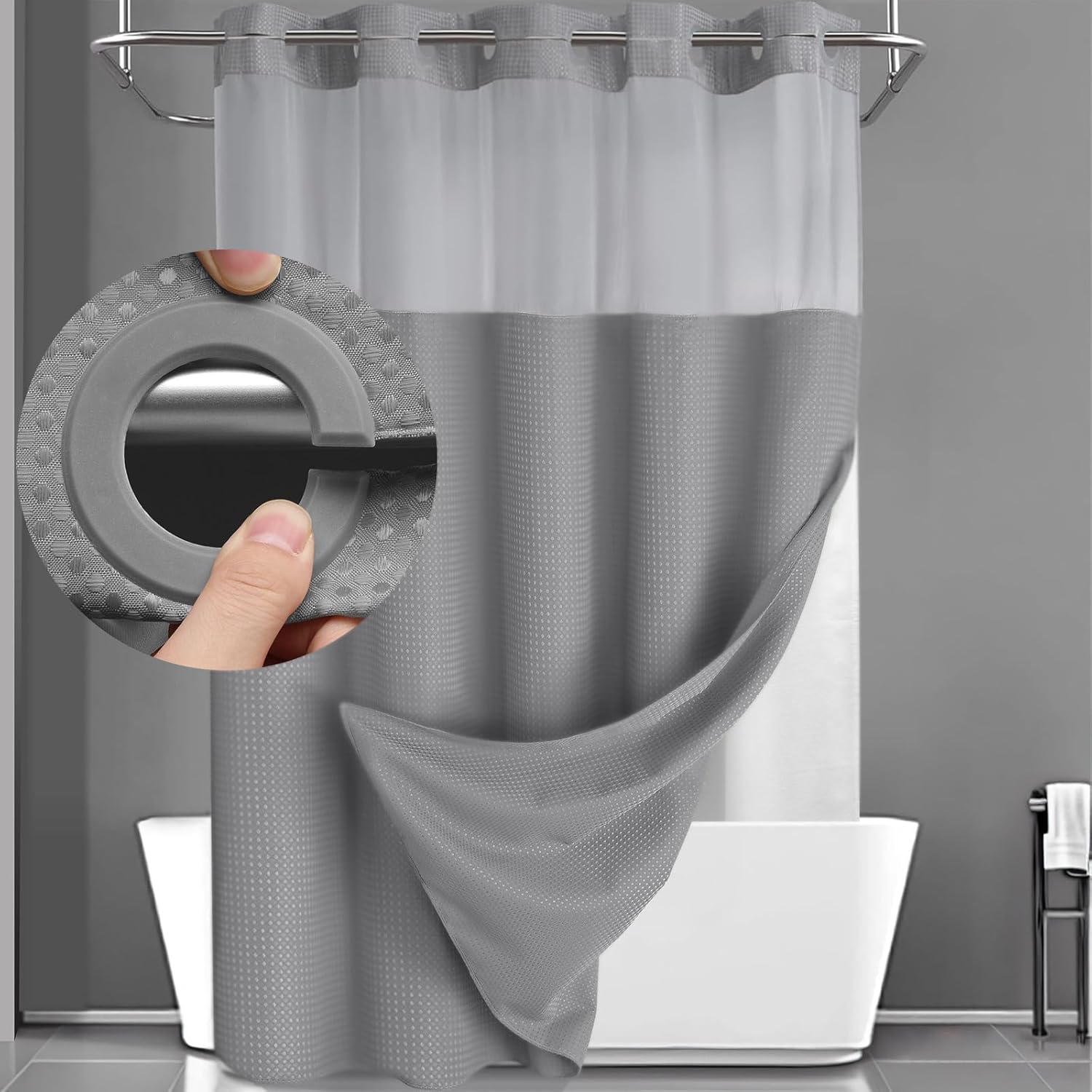 AllWays Plaza Waterproof Fabric Snap in Shower Curtain Liner Replacement with 2 Magnets71 W x 55" L for 72" W x 75" L No Hook Shower Curtain - Removable &amp; Detachable to Wash - White
