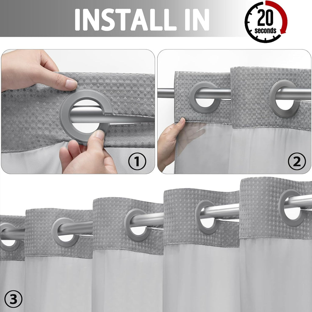 AllWays Plaza Waterproof Fabric Snap in Shower Curtain Liner Replacement with 2 Magnets71 W x 55" L for 72" W x 75" L No Hook Shower Curtain - Removable &amp; Detachable to Wash - White