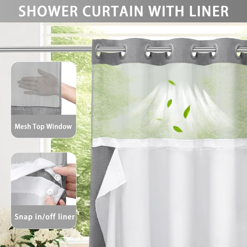 AllWays Plaza Waterproof Fabric Snap in Shower Curtain Liner Replacement with 2 Magnets71 W x 55" L for 72" W x 75" L No Hook Shower Curtain - Removable &amp; Detachable to Wash - White