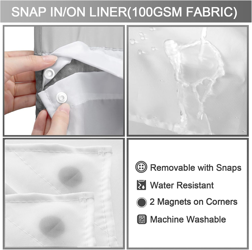 AllWays Plaza Waterproof Fabric Snap in Shower Curtain Liner Replacement with 2 Magnets71 W x 55" L for 72" W x 75" L No Hook Shower Curtain - Removable &amp; Detachable to Wash - White