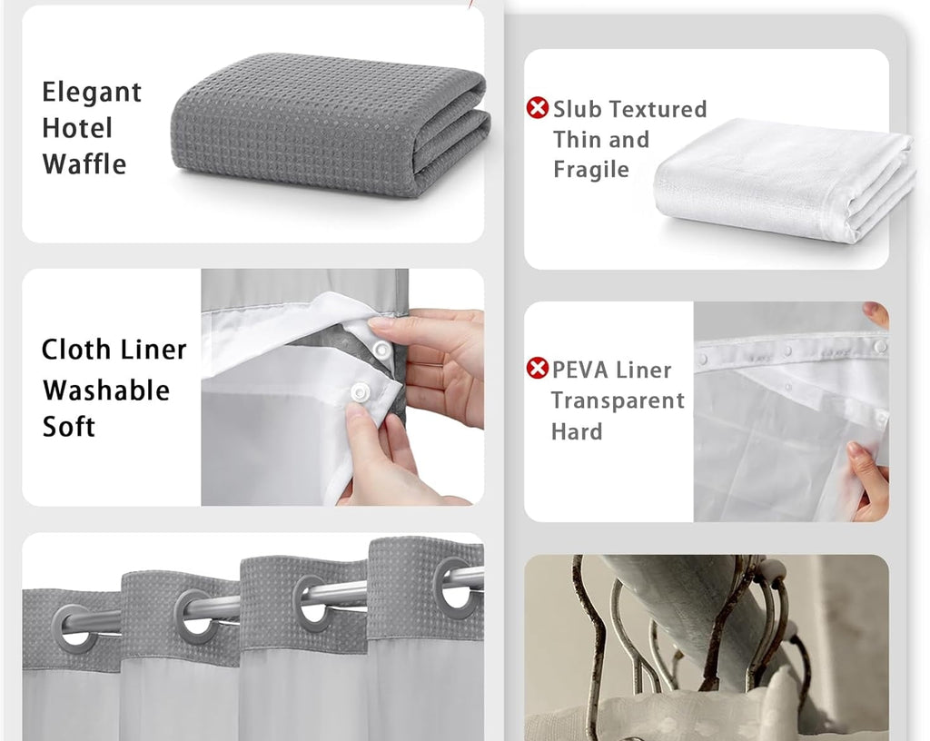 AllWays Plaza Waterproof Fabric Snap in Shower Curtain Liner Replacement with 2 Magnets71 W x 55" L for 72" W x 75" L No Hook Shower Curtain - Removable &amp; Detachable to Wash - White