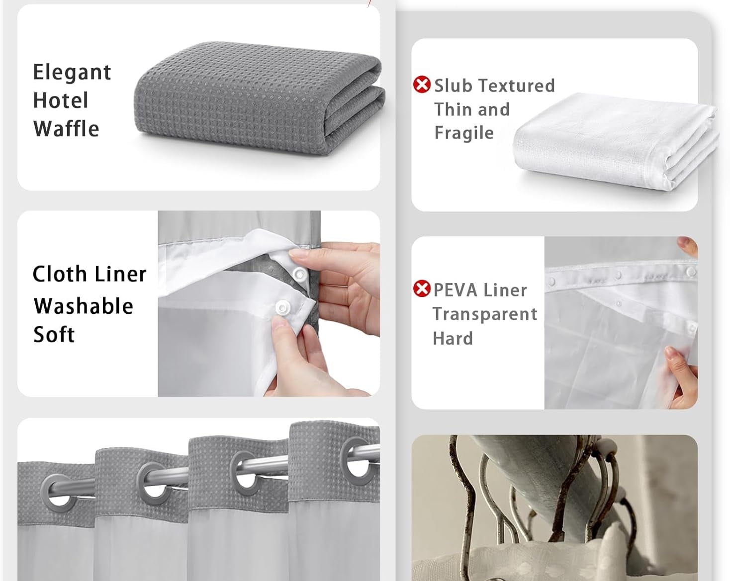 AllWays Plaza Waterproof Fabric Snap in Shower Curtain Liner Replacement with 2 Magnets71 W x 55" L for 72" W x 75" L No Hook Shower Curtain - Removable &amp; Detachable to Wash - White