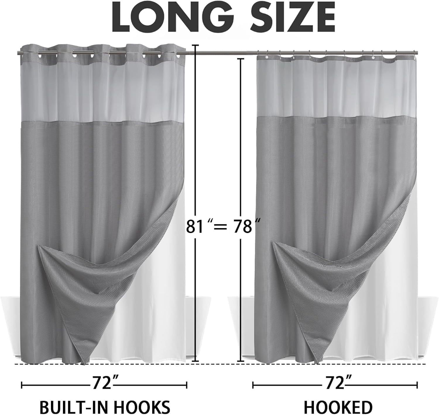 AllWays Plaza Waterproof Fabric Snap in Shower Curtain Liner Replacement with 2 Magnets71 W x 55" L for 72" W x 75" L No Hook Shower Curtain - Removable &amp; Detachable to Wash - White
