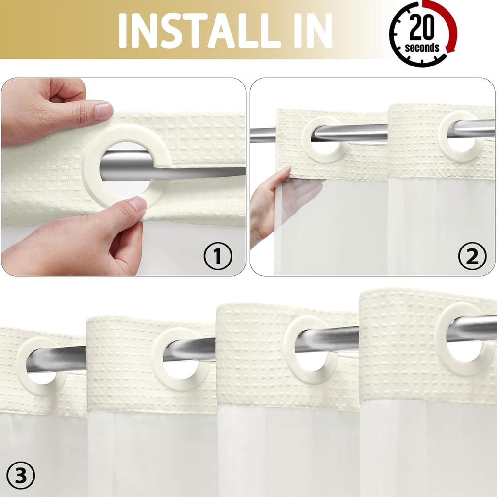 AllWays Plaza Waterproof Fabric Snap in Shower Curtain Liner Replacement with 2 Magnets71 W x 55" L for 72" W x 75" L No Hook Shower Curtain - Removable &amp; Detachable to Wash - White
