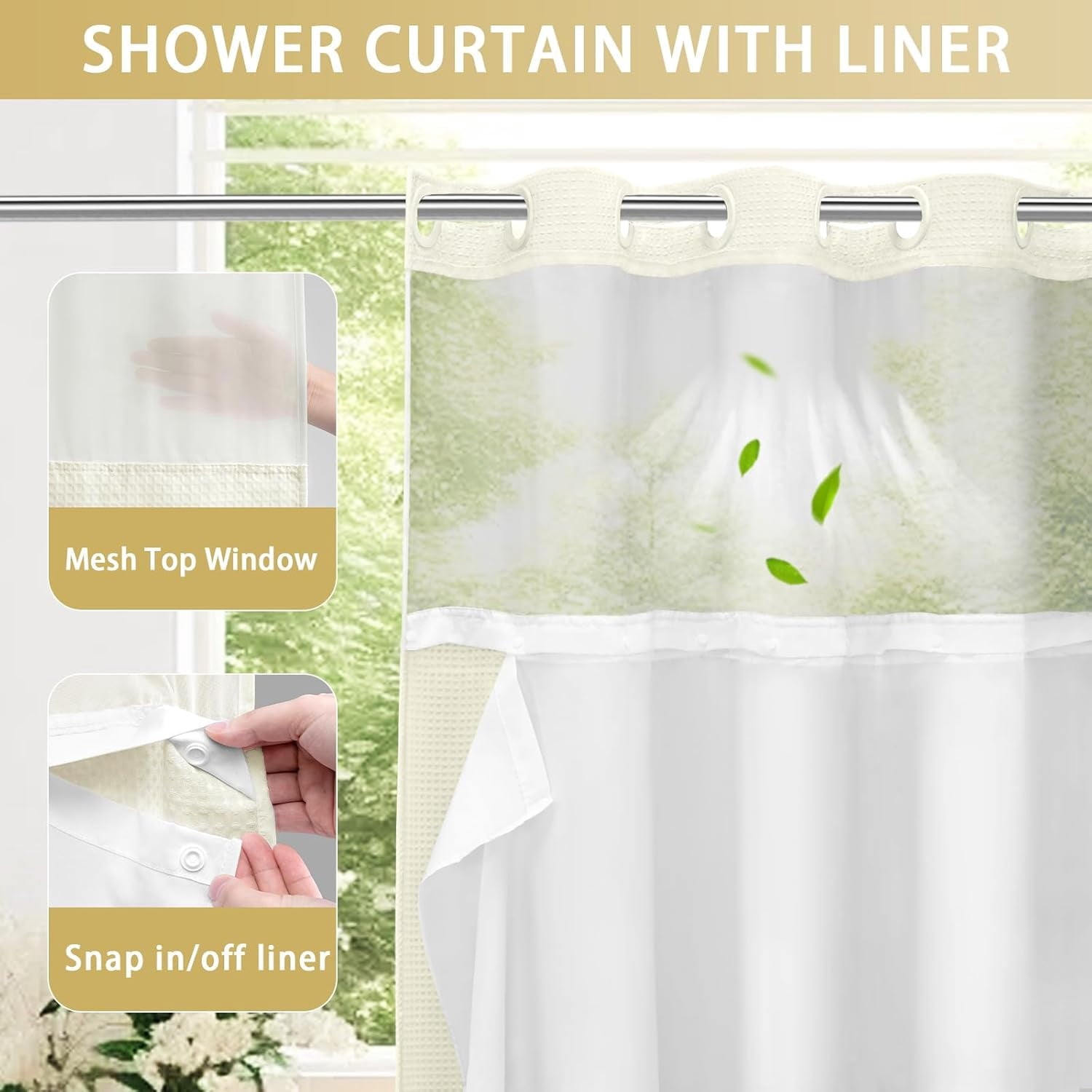 AllWays Plaza Waterproof Fabric Snap in Shower Curtain Liner Replacement with 2 Magnets71 W x 55" L for 72" W x 75" L No Hook Shower Curtain - Removable &amp; Detachable to Wash - White
