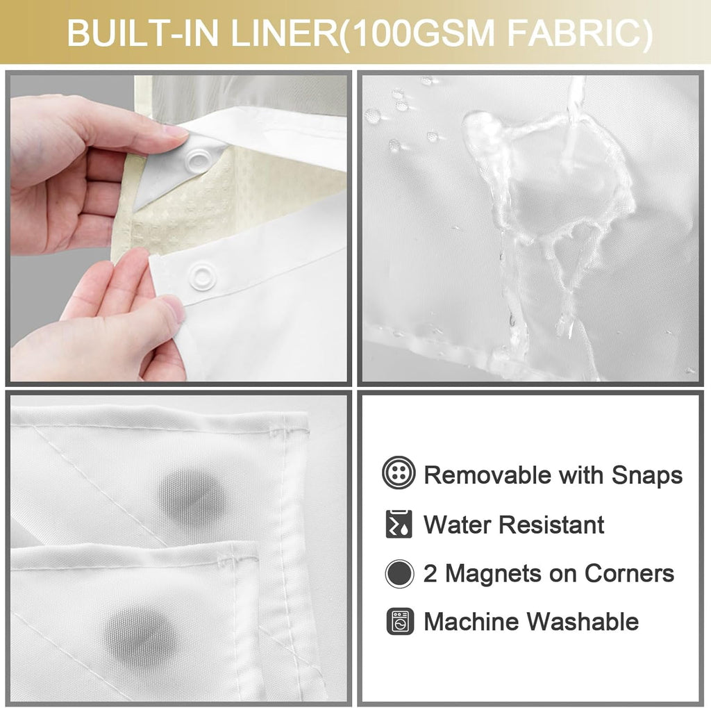 AllWays Plaza Waterproof Fabric Snap in Shower Curtain Liner Replacement with 2 Magnets71 W x 55" L for 72" W x 75" L No Hook Shower Curtain - Removable &amp; Detachable to Wash - White