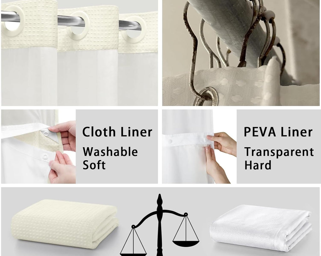 AllWays Plaza Waterproof Fabric Snap in Shower Curtain Liner Replacement with 2 Magnets71 W x 55" L for 72" W x 75" L No Hook Shower Curtain - Removable &amp; Detachable to Wash - White