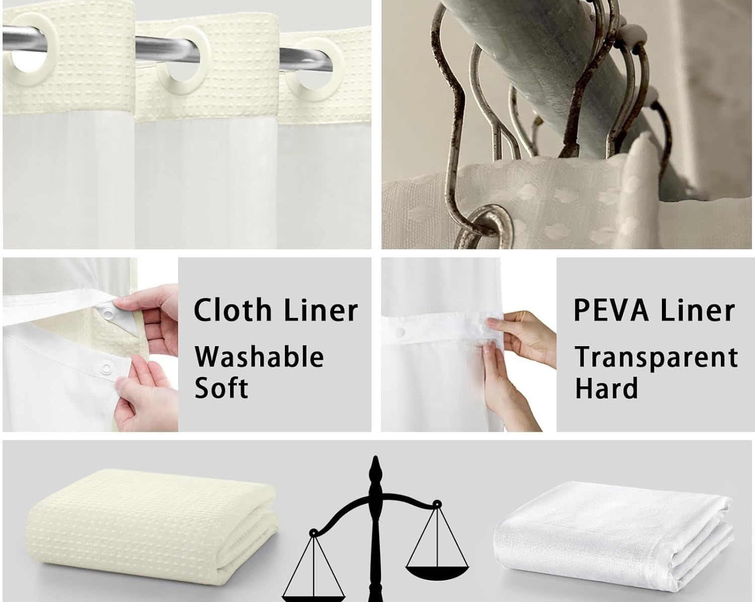 AllWays Plaza Waterproof Fabric Snap in Shower Curtain Liner Replacement with 2 Magnets71 W x 55" L for 72" W x 75" L No Hook Shower Curtain - Removable &amp; Detachable to Wash - White