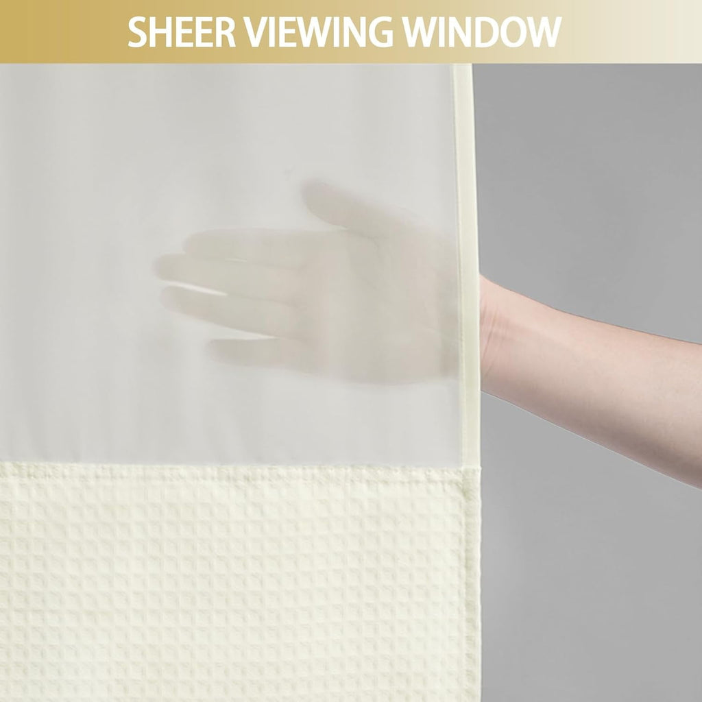 AllWays Plaza Waterproof Fabric Snap in Shower Curtain Liner Replacement with 2 Magnets71 W x 55" L for 72" W x 75" L No Hook Shower Curtain - Removable &amp; Detachable to Wash - White
