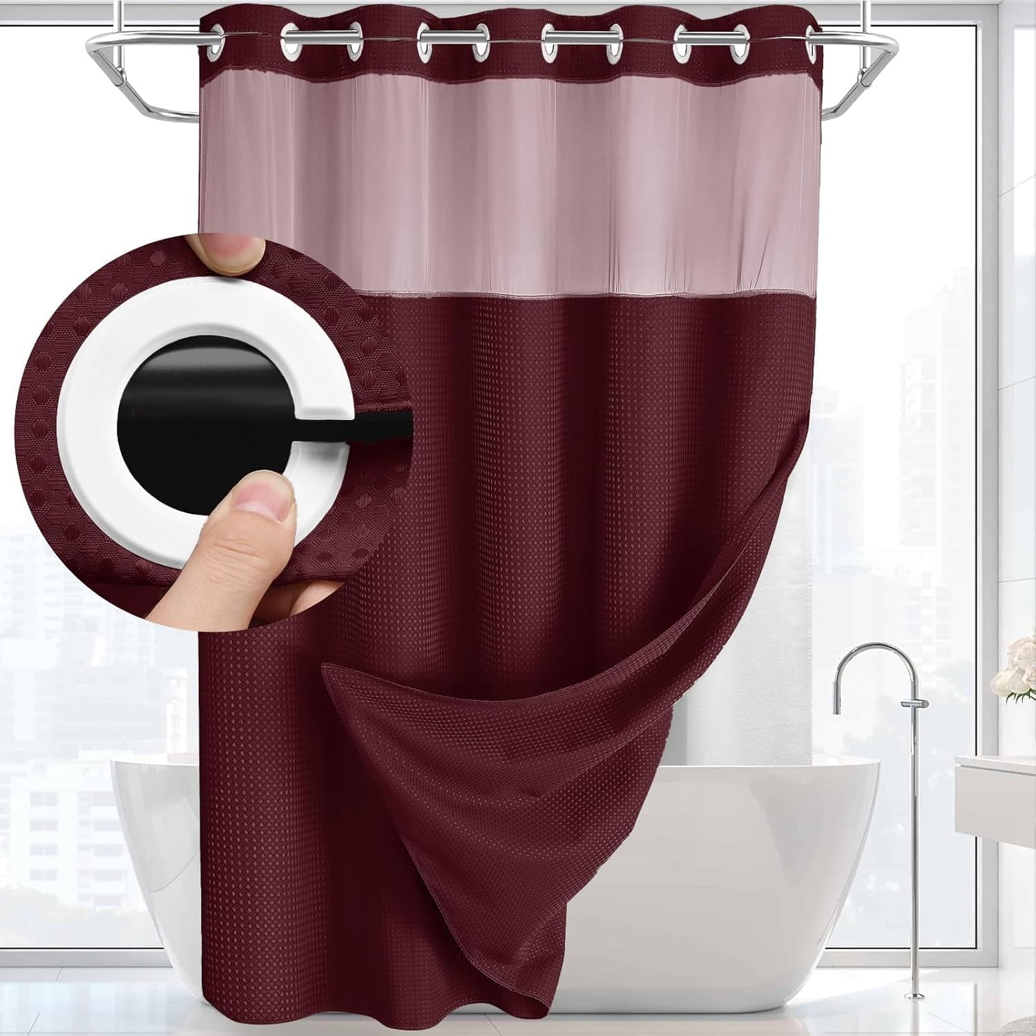 AllWays Plaza Waterproof Fabric Snap in Shower Curtain Liner Replacement with 2 Magnets71 W x 55" L for 72" W x 75" L No Hook Shower Curtain - Removable &amp; Detachable to Wash - White