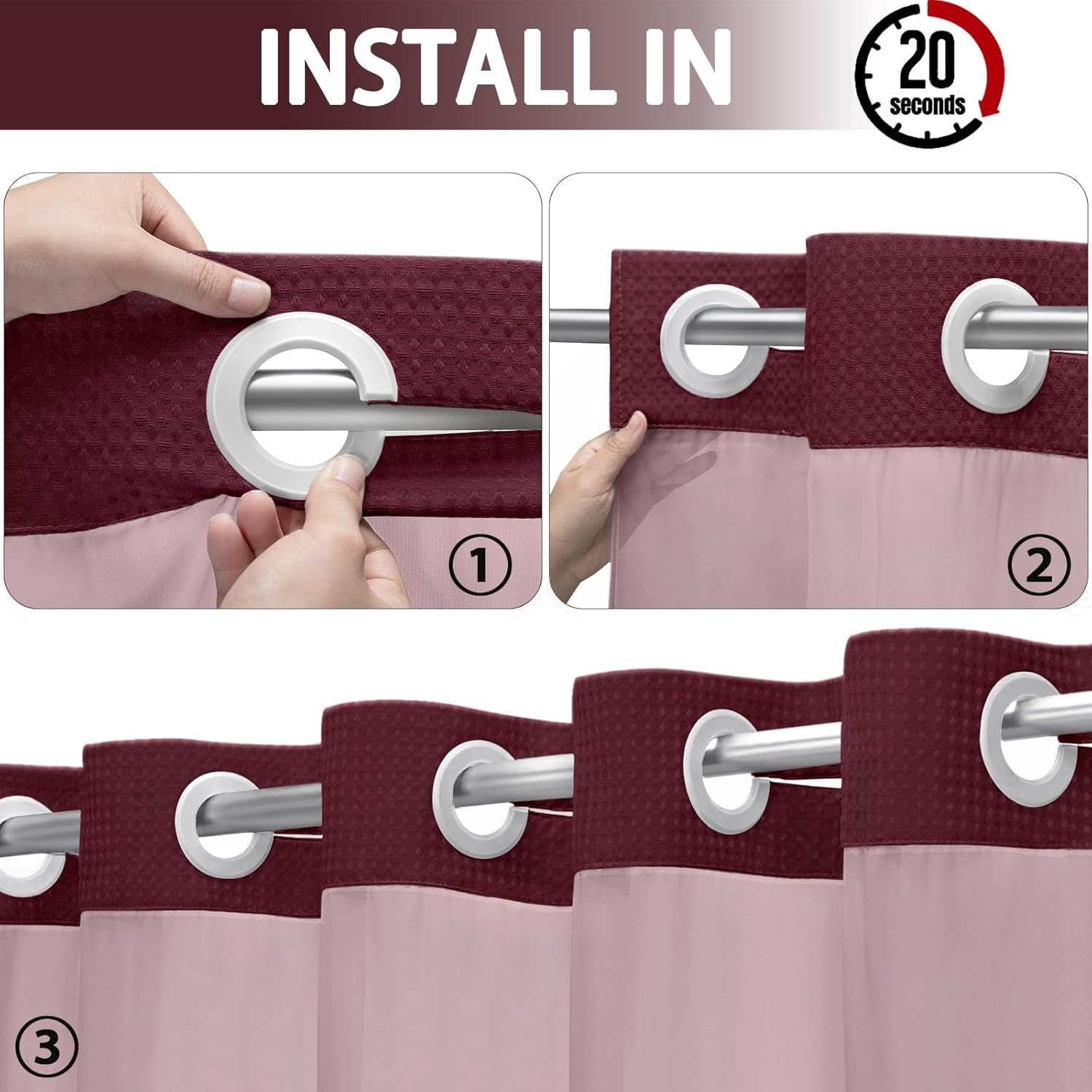 AllWays Plaza Waterproof Fabric Snap in Shower Curtain Liner Replacement with 2 Magnets71 W x 55" L for 72" W x 75" L No Hook Shower Curtain - Removable &amp; Detachable to Wash - White