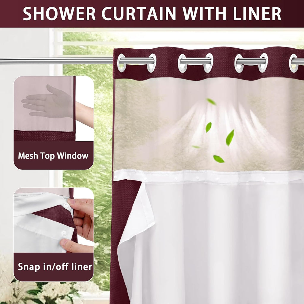 AllWays Plaza Waterproof Fabric Snap in Shower Curtain Liner Replacement with 2 Magnets71 W x 55" L for 72" W x 75" L No Hook Shower Curtain - Removable &amp; Detachable to Wash - White