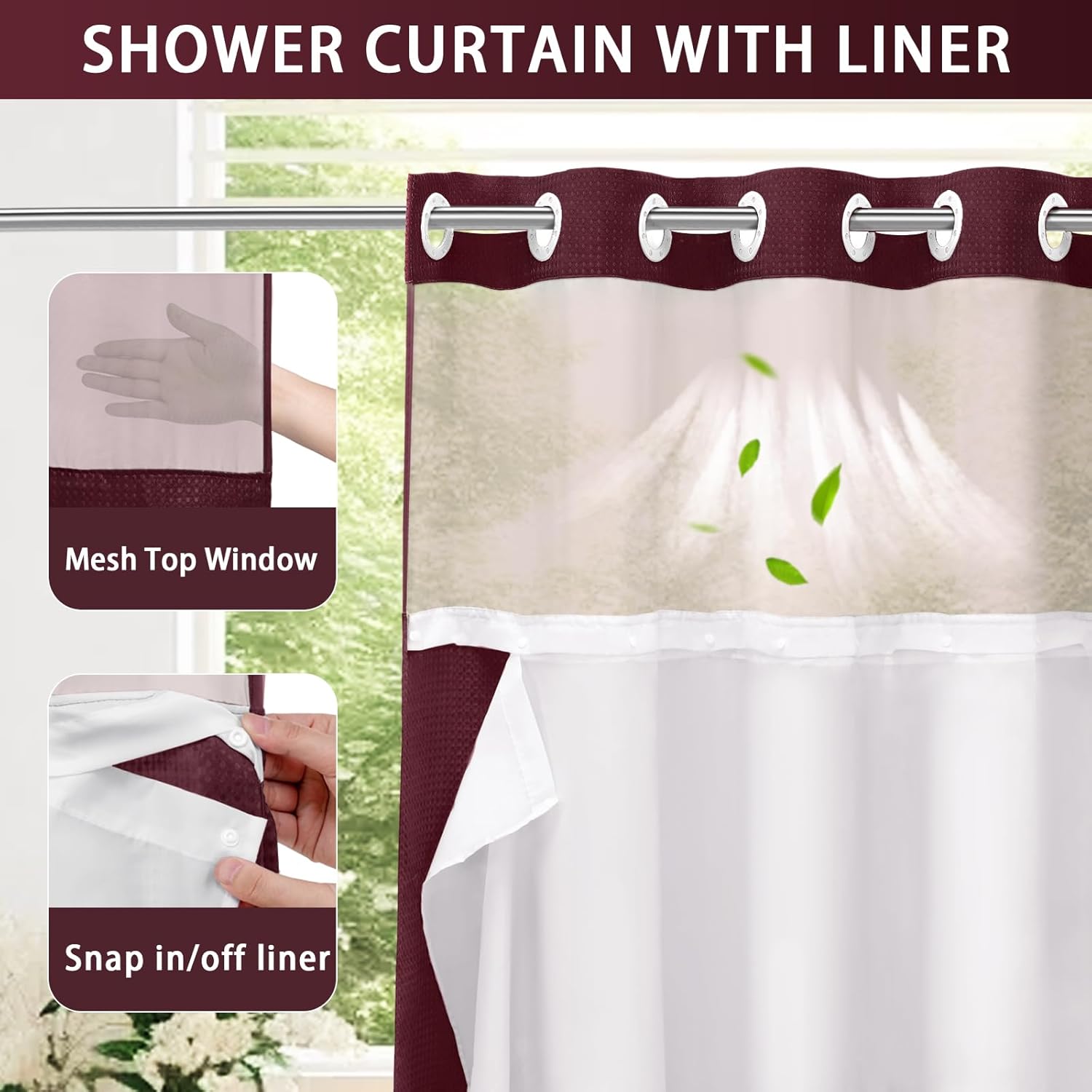 AllWays Plaza Waterproof Fabric Snap in Shower Curtain Liner Replacement with 2 Magnets71 W x 55" L for 72" W x 75" L No Hook Shower Curtain - Removable &amp; Detachable to Wash - White