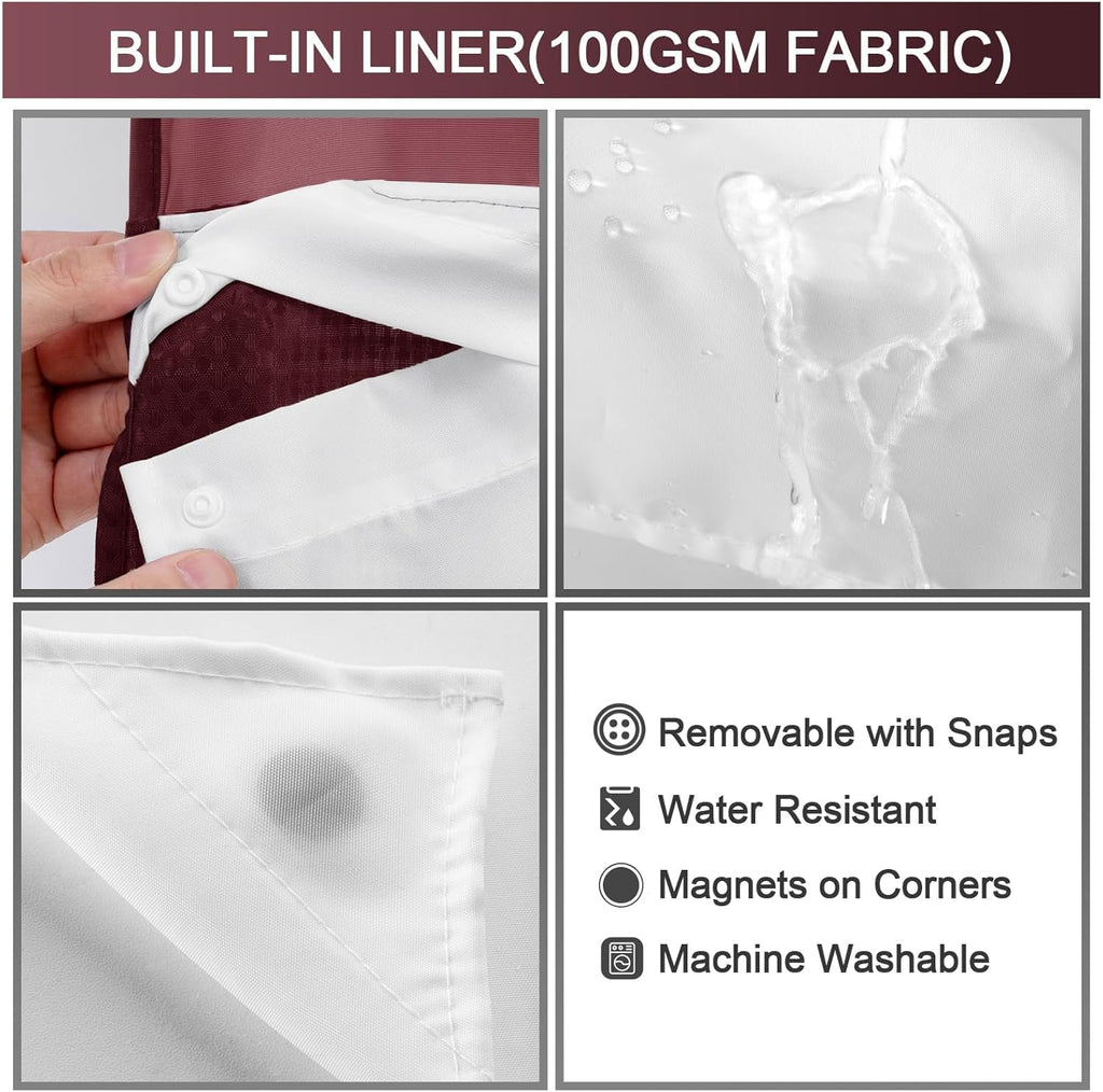 AllWays Plaza Waterproof Fabric Snap in Shower Curtain Liner Replacement with 2 Magnets71 W x 55" L for 72" W x 75" L No Hook Shower Curtain - Removable &amp; Detachable to Wash - White