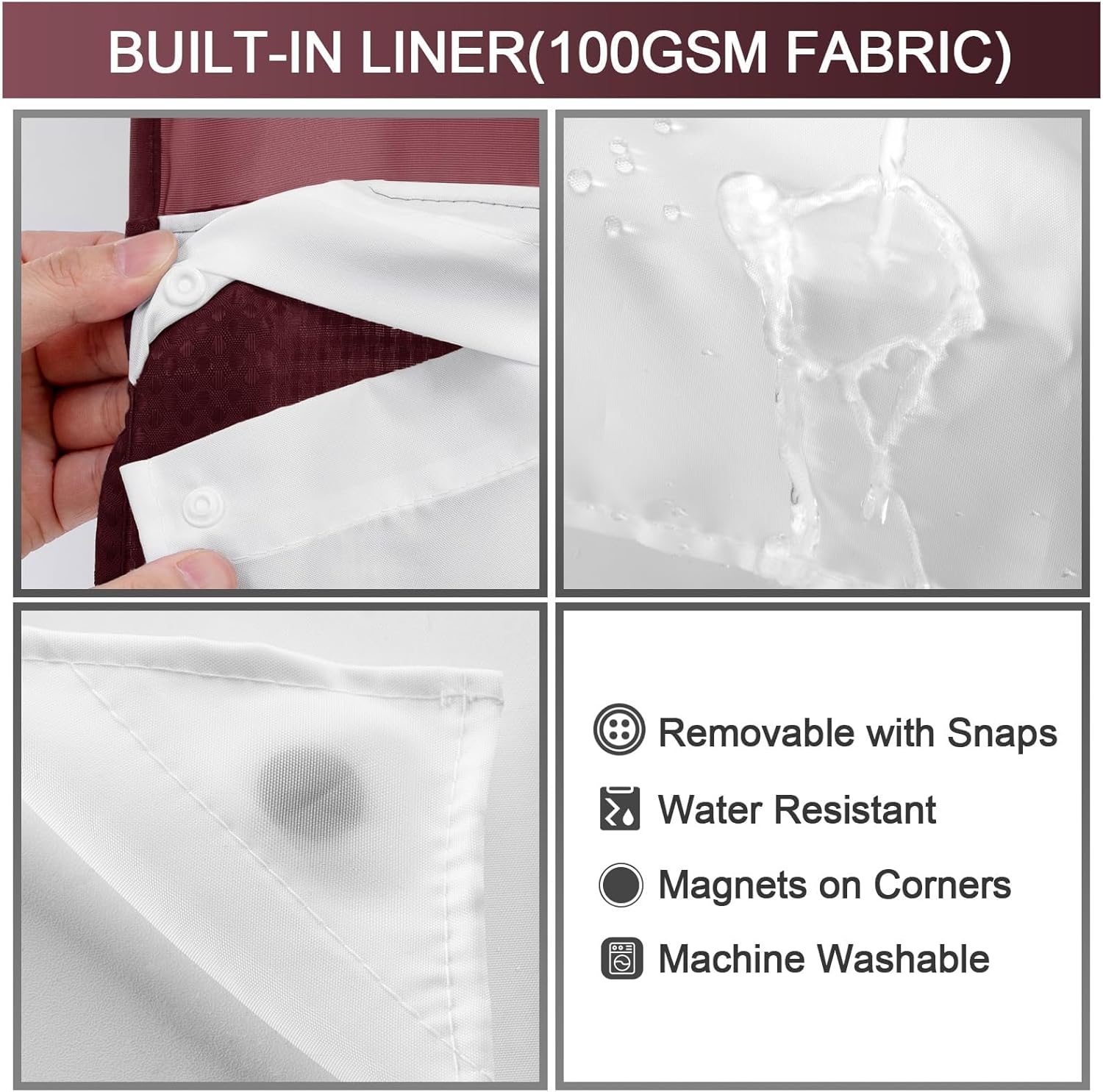 AllWays Plaza Waterproof Fabric Snap in Shower Curtain Liner Replacement with 2 Magnets71 W x 55" L for 72" W x 75" L No Hook Shower Curtain - Removable &amp; Detachable to Wash - White