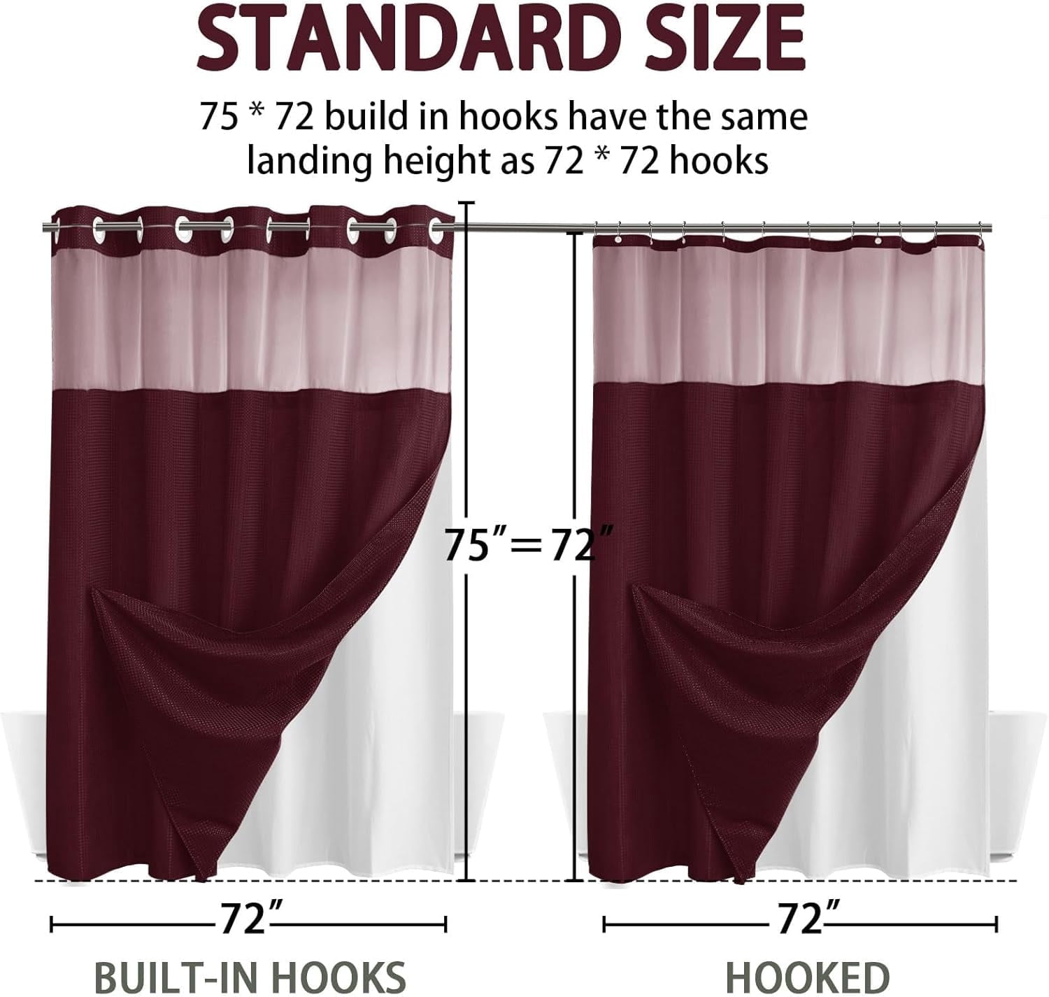 AllWays Plaza Waterproof Fabric Snap in Shower Curtain Liner Replacement with 2 Magnets71 W x 55" L for 72" W x 75" L No Hook Shower Curtain - Removable &amp; Detachable to Wash - White