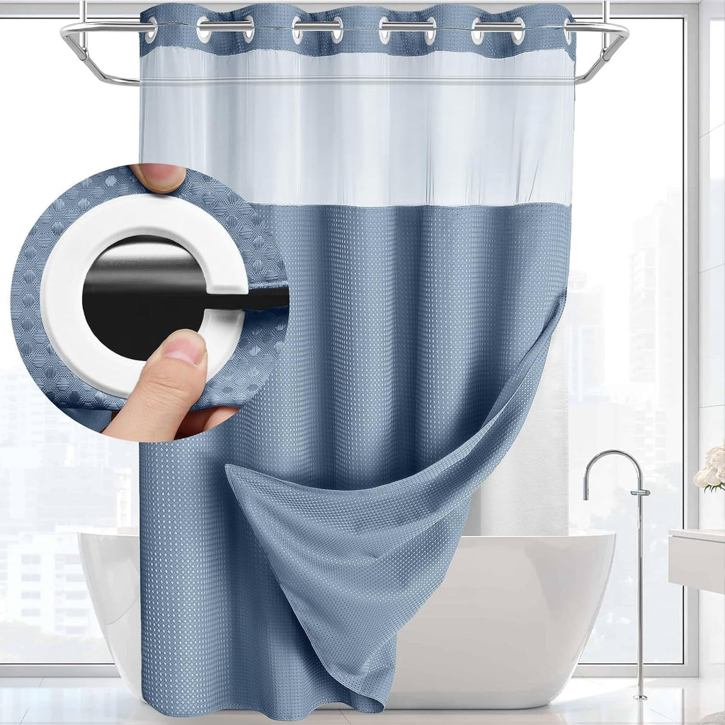 AllWays Plaza Waterproof Fabric Snap in Shower Curtain Liner Replacement with 2 Magnets71 W x 55" L for 72" W x 75" L No Hook Shower Curtain - Removable &amp; Detachable to Wash - White