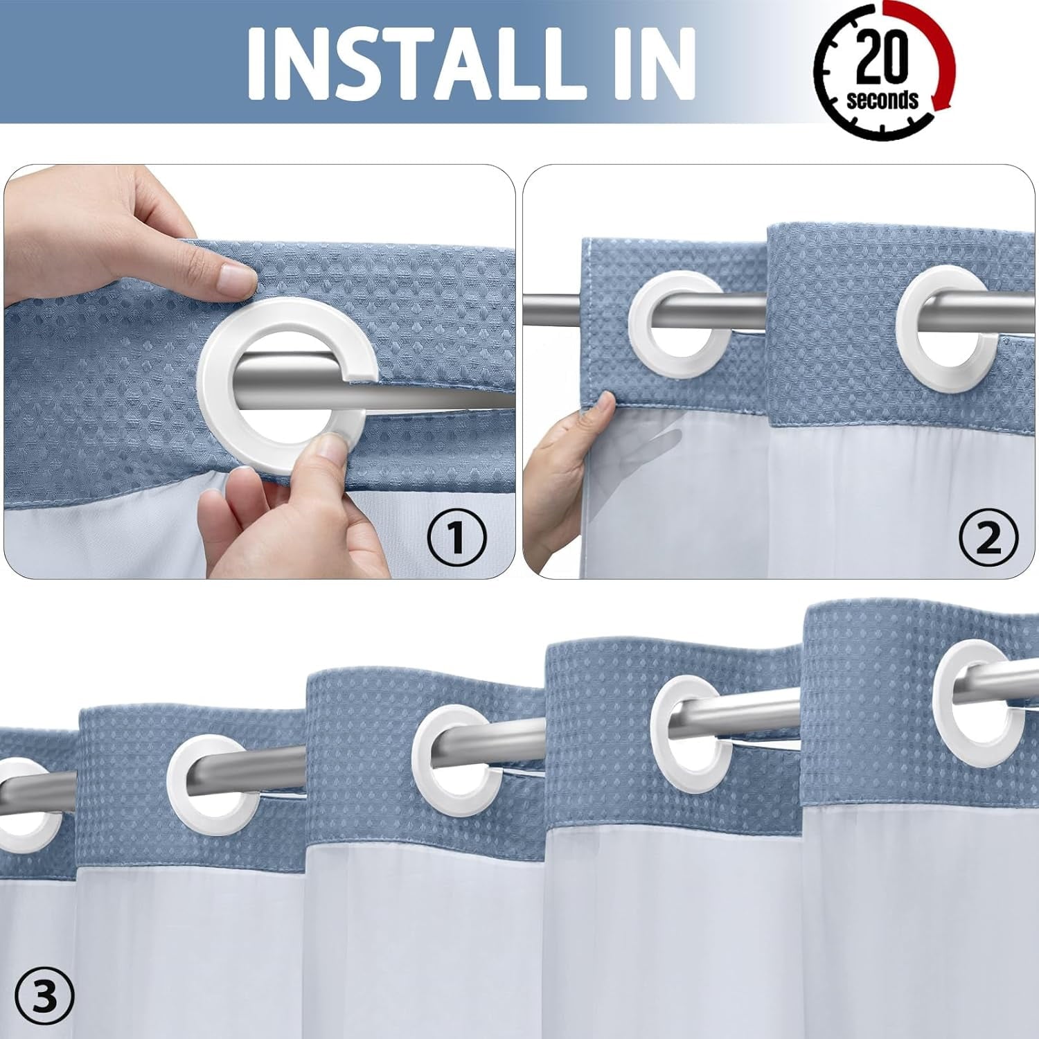 AllWays Plaza Waterproof Fabric Snap in Shower Curtain Liner Replacement with 2 Magnets71 W x 55" L for 72" W x 75" L No Hook Shower Curtain - Removable &amp; Detachable to Wash - White