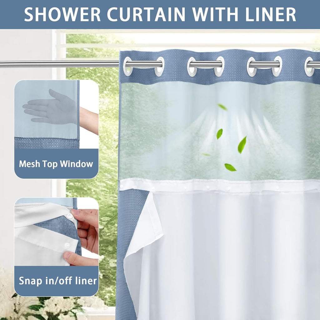 AllWays Plaza Waterproof Fabric Snap in Shower Curtain Liner Replacement with 2 Magnets71 W x 55" L for 72" W x 75" L No Hook Shower Curtain - Removable &amp; Detachable to Wash - White