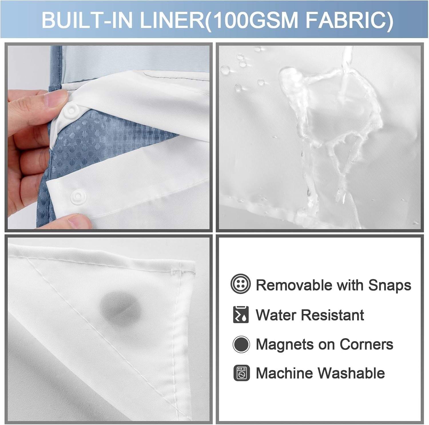 AllWays Plaza Waterproof Fabric Snap in Shower Curtain Liner Replacement with 2 Magnets71 W x 55" L for 72" W x 75" L No Hook Shower Curtain - Removable &amp; Detachable to Wash - White