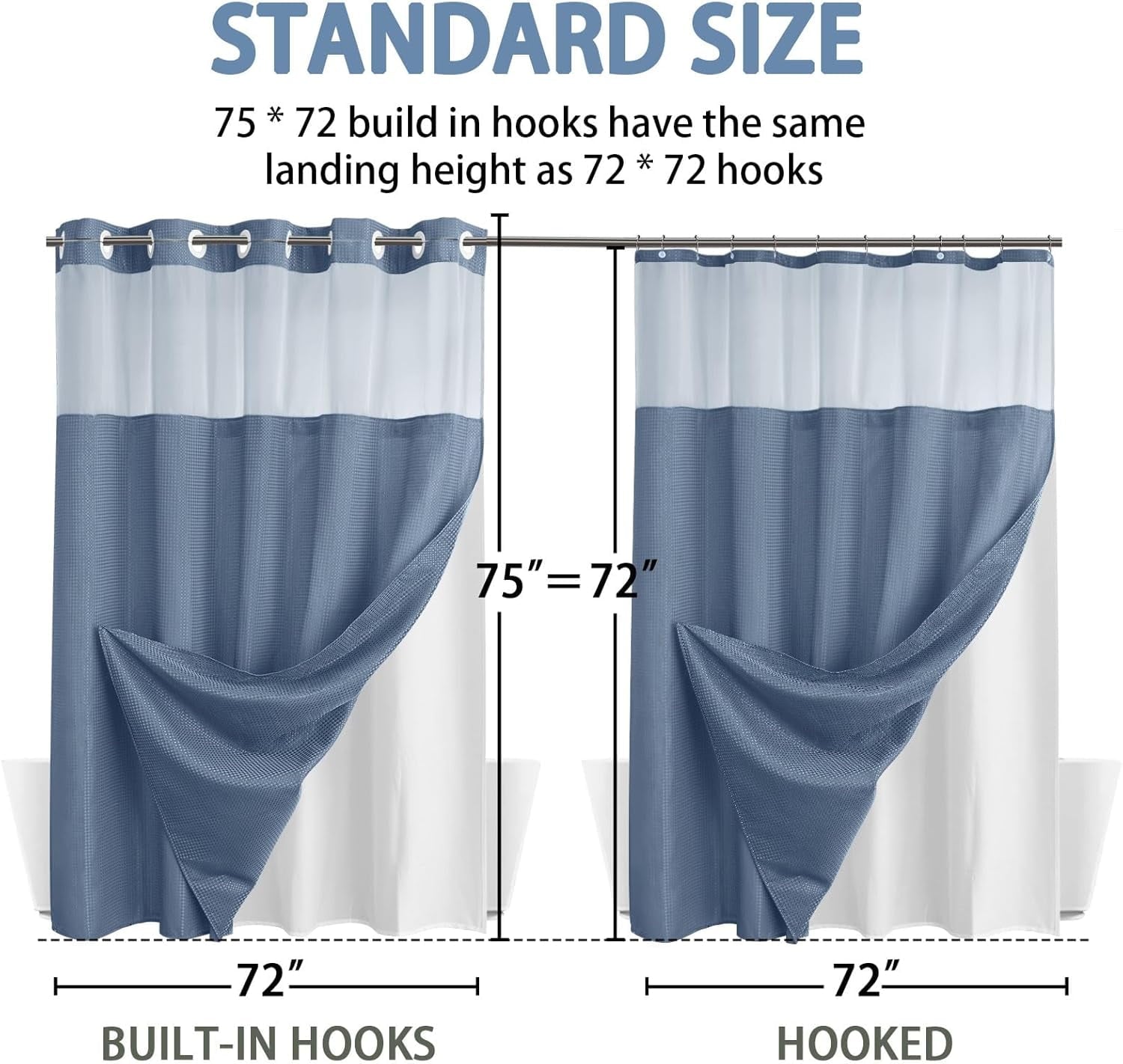 AllWays Plaza Waterproof Fabric Snap in Shower Curtain Liner Replacement with 2 Magnets71 W x 55" L for 72" W x 75" L No Hook Shower Curtain - Removable &amp; Detachable to Wash - White