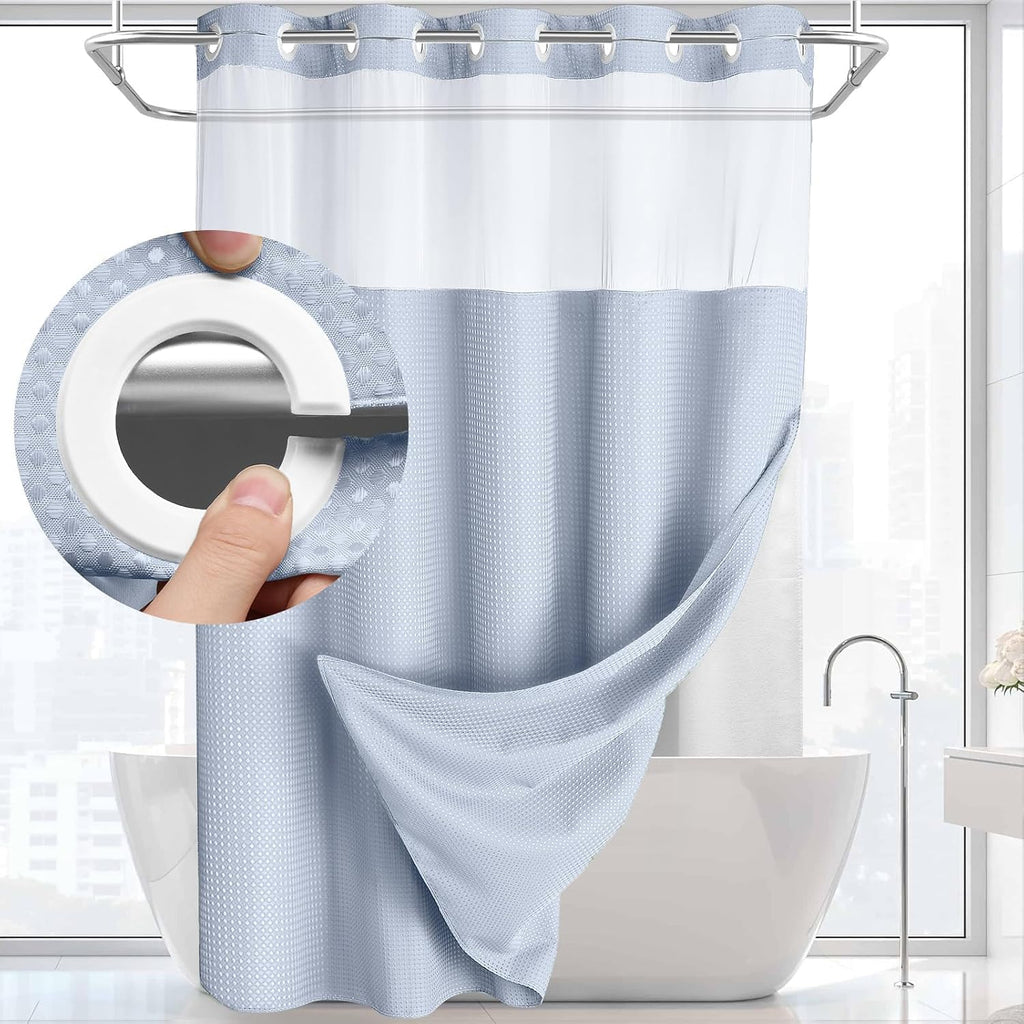 AllWays Plaza Waterproof Fabric Snap in Shower Curtain Liner Replacement with 2 Magnets71 W x 55" L for 72" W x 75" L No Hook Shower Curtain - Removable &amp; Detachable to Wash - White